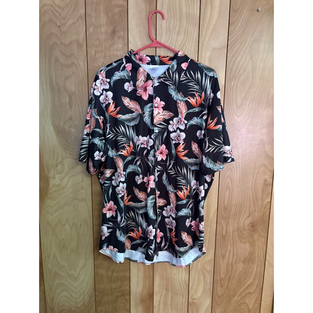 Hawaiian Mens XL Tropical Floral Button Down Shirt‎ Black Pink Hibiscus Aloha
